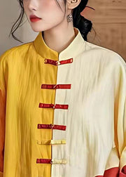 Vintage Yellow Chinese Button Patchwork Linen Top Summer