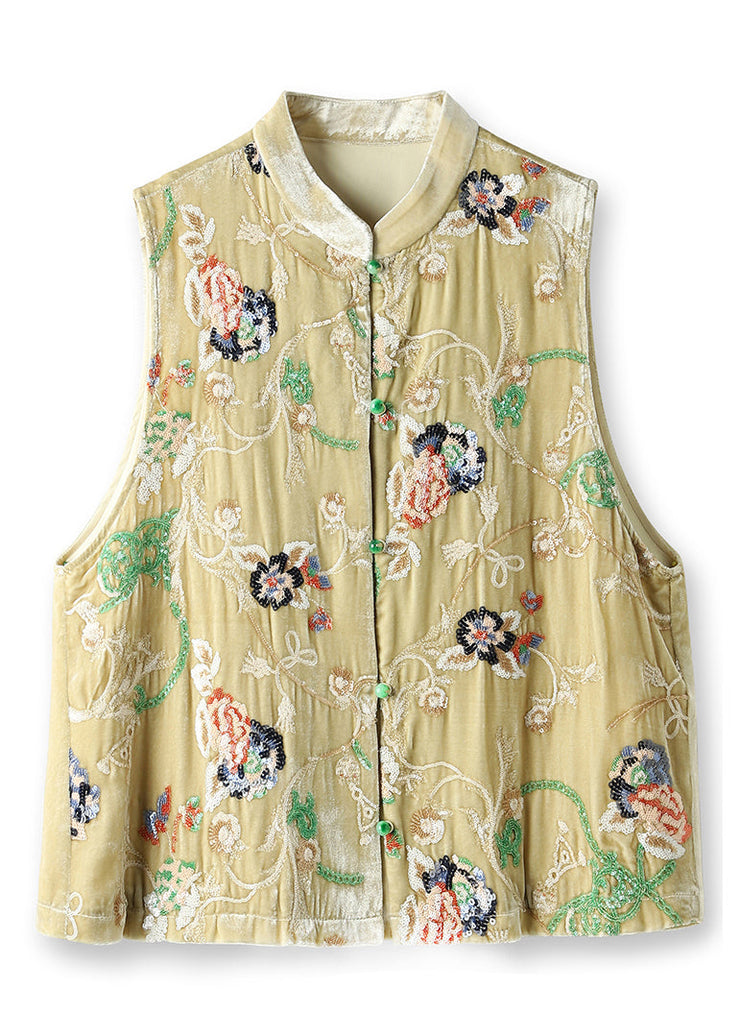 Vintage Yellow Embroidered Button Patchwork Silk Velour Waistcoat Sleeveless