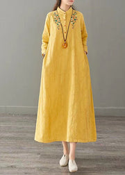 Vintage Yellow Embroideried Patchwork Cotton Long Dresses Fall