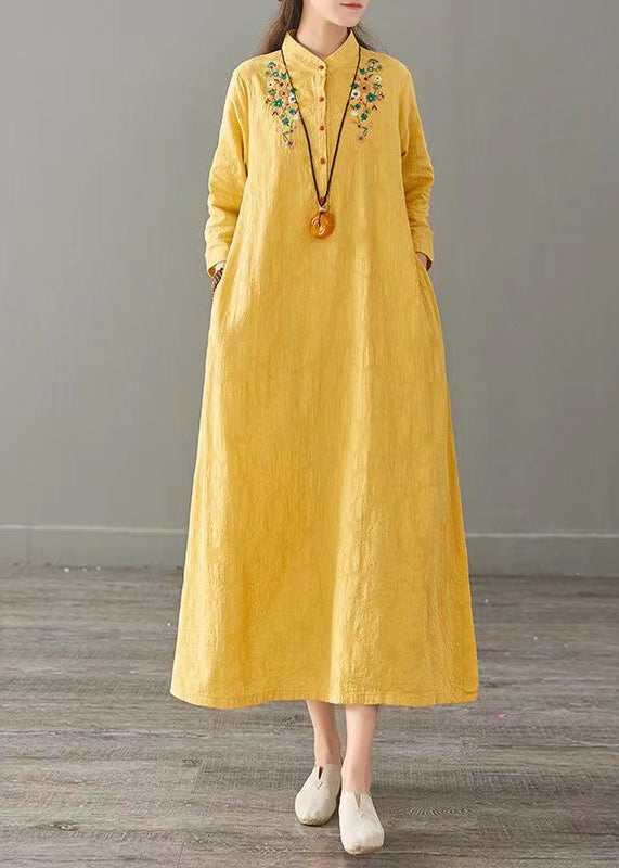 Vintage Yellow Embroideried Patchwork Cotton Long Dresses Fall