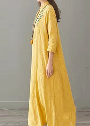 Vintage Yellow Embroideried Patchwork Cotton Long Dresses Fall