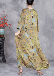 Vintage Yellow O Neck Button Print Silk Long Dresses Bracelet Sleeve