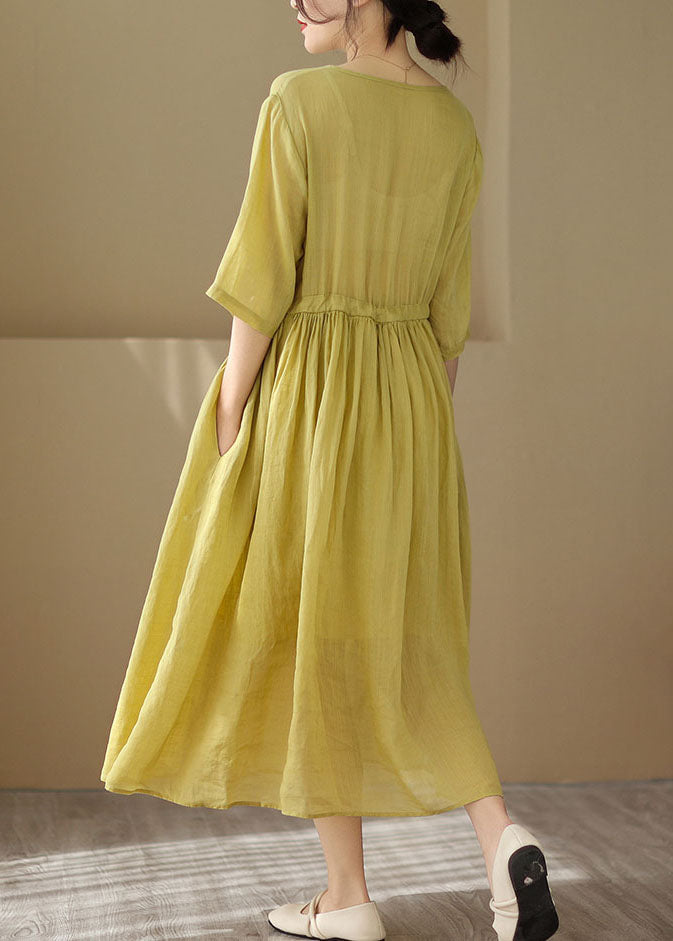 Vintage Yellow O Neck Chinese Button Patchwork Cotton Dresses Summer