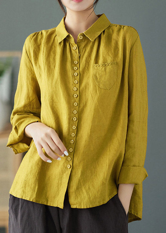 Vintage Yellow Peter Pan Collar Embroideried Linen Shirt Long Sleeve