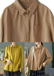 Vintage Yellow Peter Pan Collar Embroideried Linen Shirt Long Sleeve