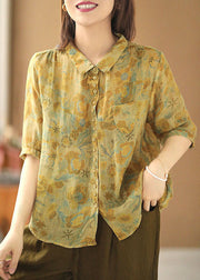 Vintage Yellow Peter Pan Collar Print Button Linen Blouse Tops Short Sleeve