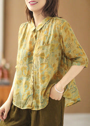 Vintage Yellow Peter Pan Collar Print Button Linen Blouse Tops Short Sleeve