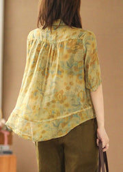 Vintage Yellow Peter Pan Collar Print Button Linen Blouse Tops Short Sleeve