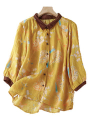 Vintage Yellow Peter Pan Collar Print Button Low High Design Linen Shirt Summer