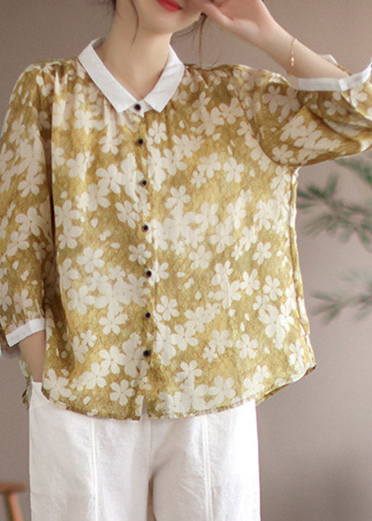 Vintage Yellow Peter Pan Collar Print Linen Shirt Long Sleeve