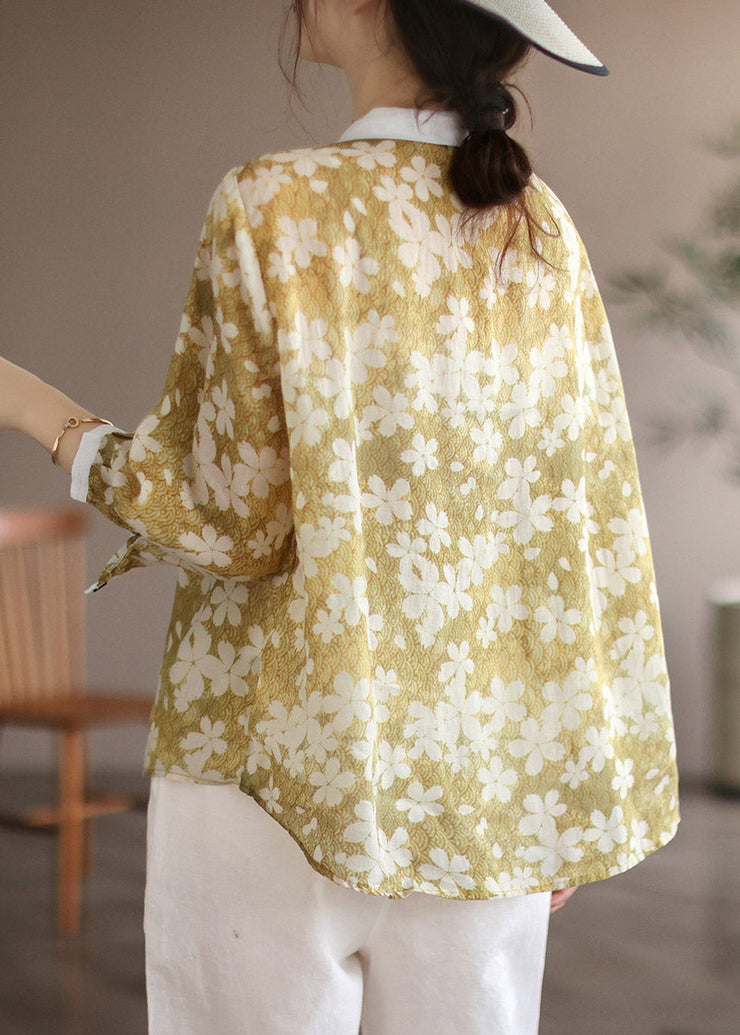 Vintage Yellow Peter Pan Collar Print Linen Shirt Long Sleeve