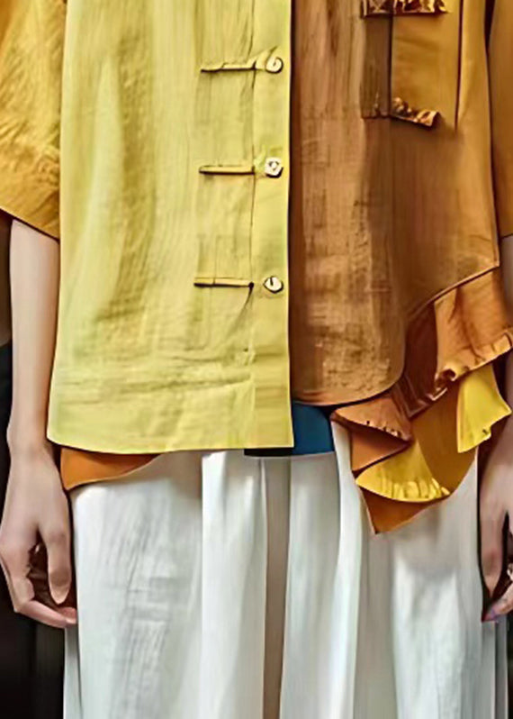 Vintage Yellow Peter Pan Collar Ruffled Patchwork Tops Half Sleeve