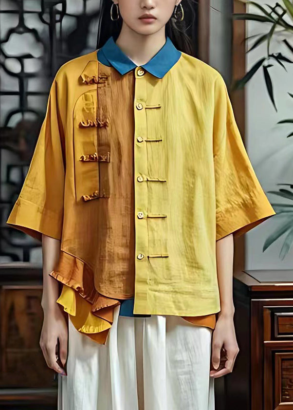 Vintage Yellow Peter Pan Collar Ruffled Patchwork Tops Half Sleeve