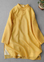 Vintage Yellow Stand Collar Chinese Button Linen Shirt Bracelet Sleeve