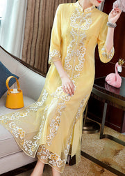 Vintage Yellow Stand Collar Embroideried Button Party Tulle Maxi Dress Long Sleeve