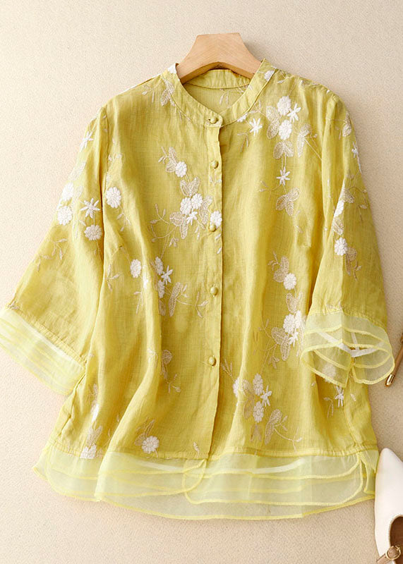 Vintage Yellow Stand Collar Embroideried Patchwork Cotton Shirts Bracelet Sleeve