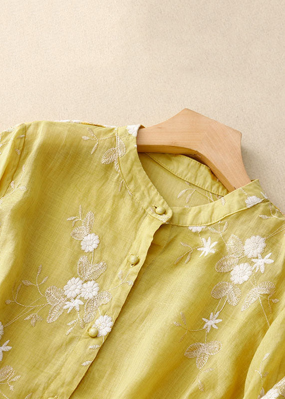 Vintage Yellow Stand Collar Embroideried Patchwork Cotton Shirts Bracelet Sleeve