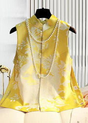 Vintage Yellow Stand Collar Jacquard Silk Top Sleeveless