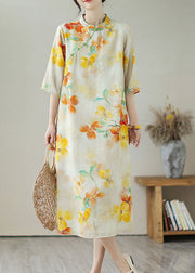 Vintage Yellow Stand Collar Print Button Patchwork Linen Dress Summer