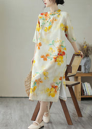 Vintage Yellow Stand Collar Print Button Patchwork Linen Dress Summer