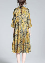 Vintage Yellow Stand Collar Print Button Silk Maxi Dress Summer