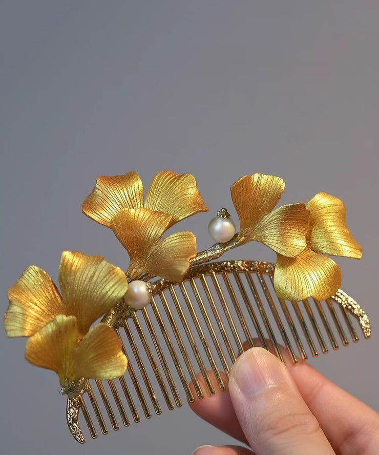 Vintage Yellow Sterling Silver Overgild Ginkgo Leaf Hairpin