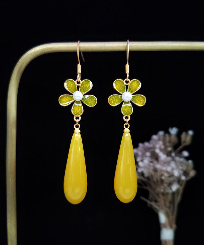 Vintage Yellow Sterling Silver Overgild Zircon Pearl Enamel Floral Drop Earrings