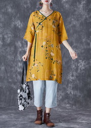 Vintage Yellow Tasseled Print Linen Dresses Summer