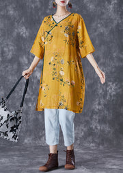 Vintage Yellow Tasseled Print Linen Dresses Summer