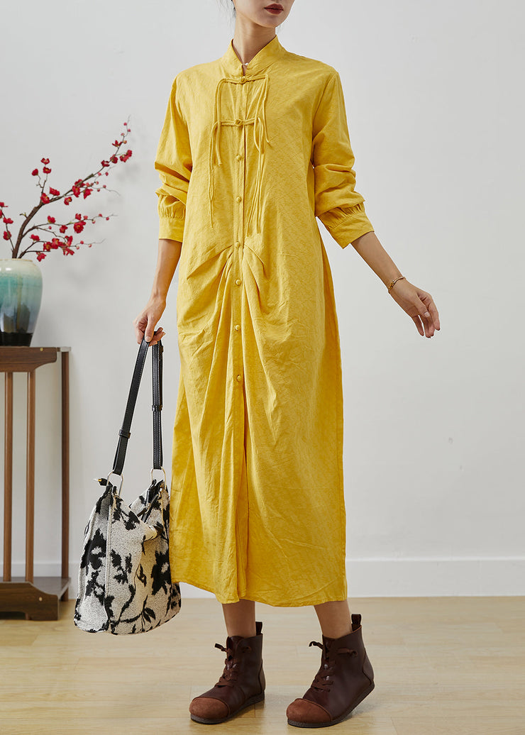 Vintage Yellow Tasseled Wrinkled Cotton Shirt Dress Fall