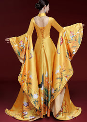 Vintage Yellow Tassels Butterfly Print Long Dress Long Sleeve