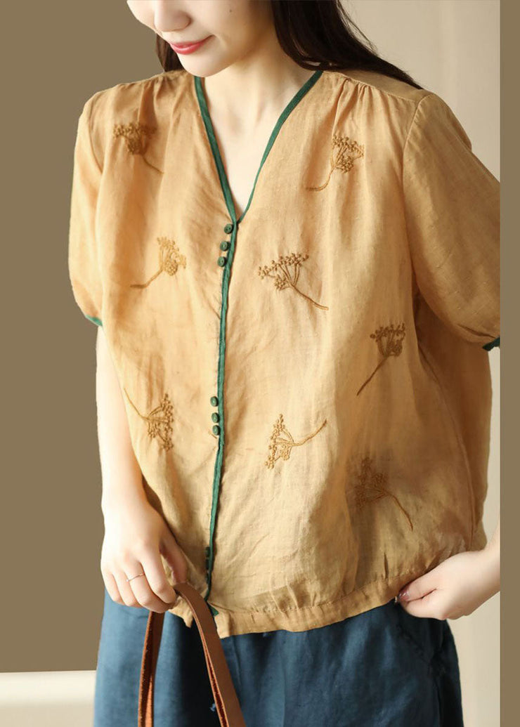 Vintage Yellow V Neck Embroideried Patchwork Linen Top Summer