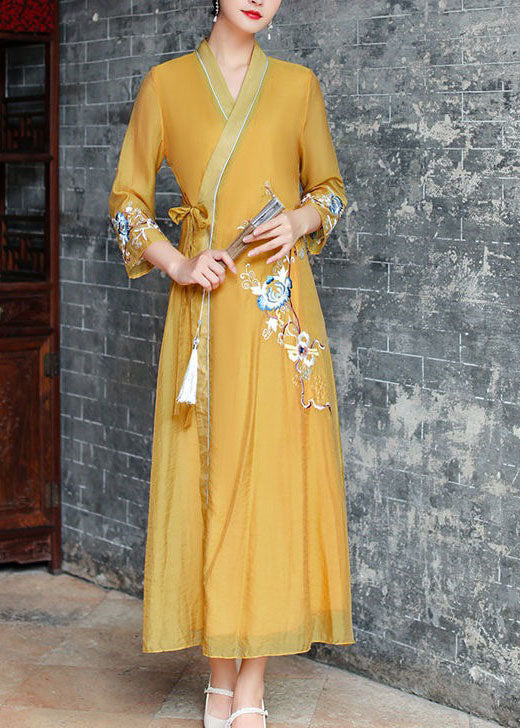 Vintage Yellow V Neck Embroideried Patchwork Silk Dress Summer