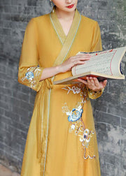 Vintage Yellow V Neck Embroideried Patchwork Silk Dress Summer