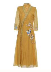 Vintage Yellow V Neck Embroideried Patchwork Silk Dress Summer