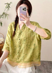 Vintage Yellow V Neck Print Button Patchwork Linen Top Summer