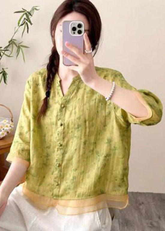 Vintage Yellow V Neck Print Button Patchwork Linen Top Summer