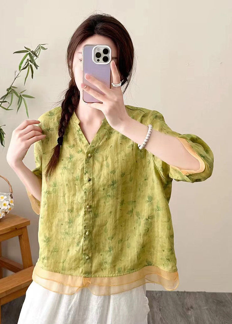 Vintage Yellow V Neck Print Button Patchwork Linen Top Summer