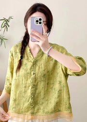 Vintage Yellow V Neck Print Button Patchwork Linen Top Summer