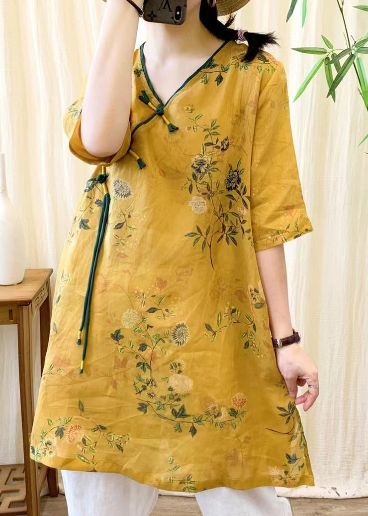 Vintage Yellow V Neck Print Chinese Button Linen Mid Dress Summer