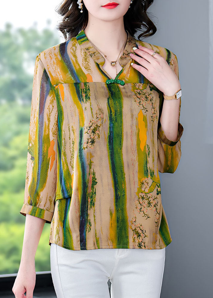 Vintage Yellow V Neck Print Patchwork Silk Shirt Tops Bracelet Sleeve