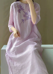 Vintage light Purple O Neck Embroideried Patchwork Cotton Dress Summer