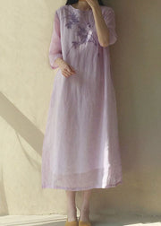 Vintage light Purple O Neck Embroideried Patchwork Cotton Dress Summer