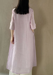 Vintage light Purple O Neck Embroideried Patchwork Cotton Dress Summer