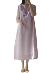 Vintage light Purple O Neck Embroideried Patchwork Cotton Dress Summer