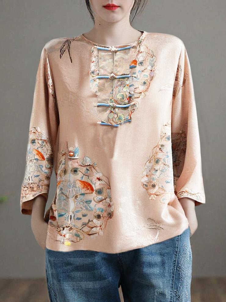 Grace Apricot O-Neck Print Oriental Button Side Open Linen Tops Half Sleeve