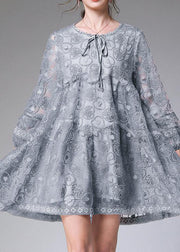 Vintage Grey Long sleeve Lace Summer Maxi Dresses