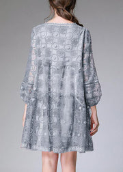 Vintage Grey Long sleeve Lace Summer Maxi Dresses