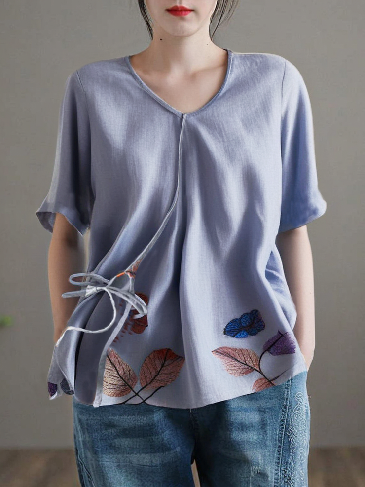 Grace Light Blue V Neck Embroideried Tie Waist Cotton Linen Top Short Sleeve