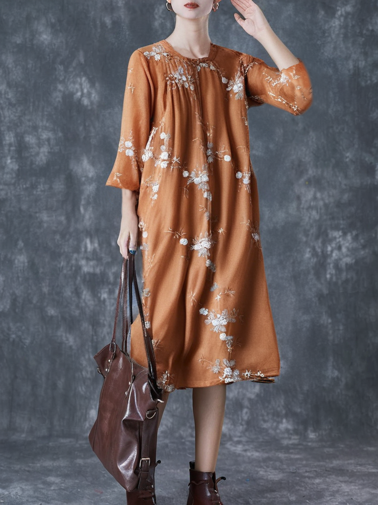 Grace Orange Embroidered Chinese Button Patchwork Linen Dress Summer